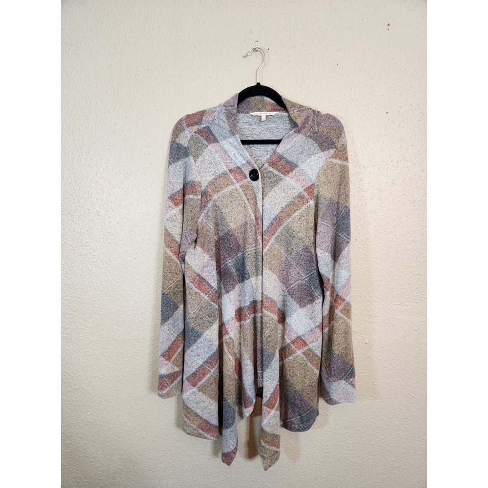 Soft Surroundings Cardigan Plaid Grey Tan Women Size L Single Button Pockets